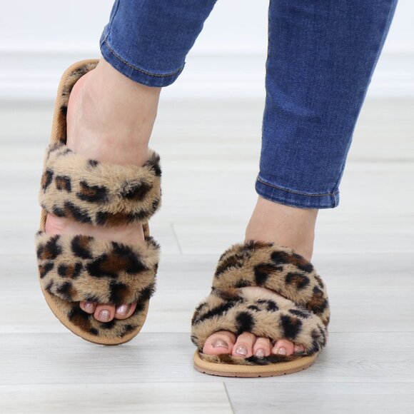 Leopard Tan Puff Fuzzy Fluffy Slip On Plush Slippers Double Strap - Picture 6 of 16